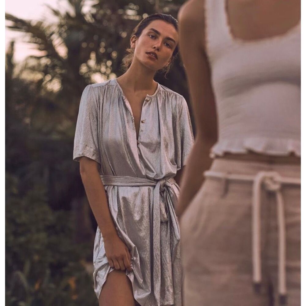 Sabina Musayev Mercury Silver Metallic Tie Waist Mini Party Dress Small Petite